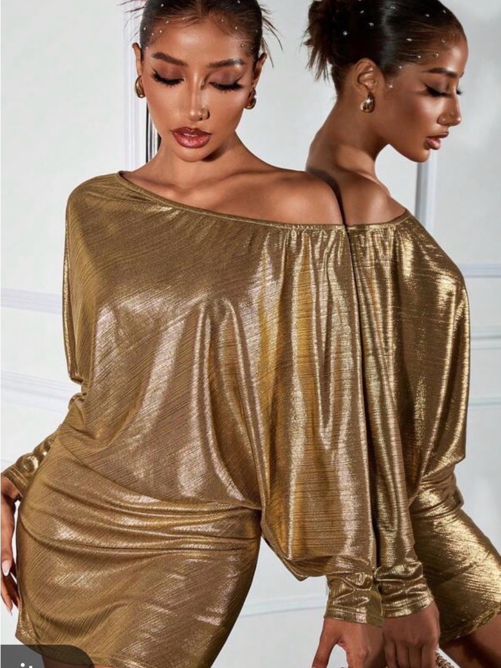 SHEIN Metallic Gold Off-Shoulder Mini Dress - Picture 1 of 9